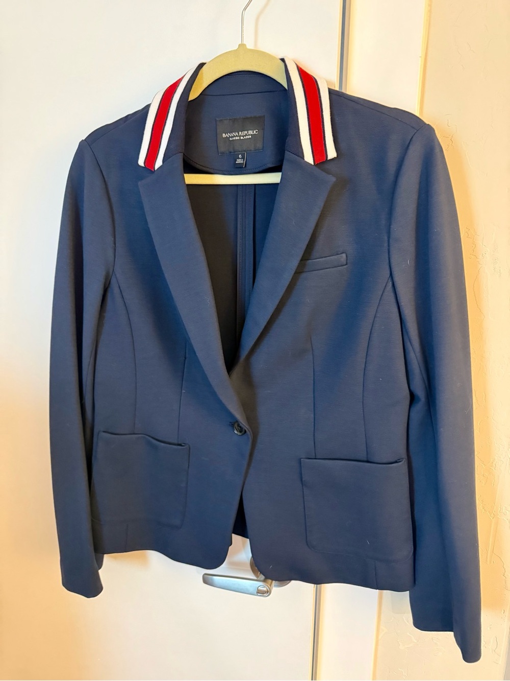 Banana Republic Navy Blazer with Red and White Striped Collar